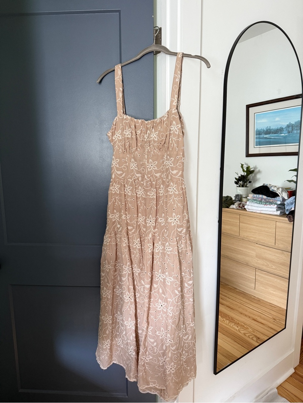 Beige Floral Eyelet Sundress - Summer Vacation Dress with Tie Back